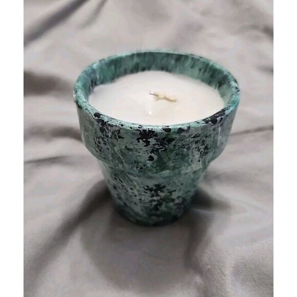 Cute Artistic Decor Candle In Green & Black Wash Clay Pot 3in X 3in - Picture 1 of 6